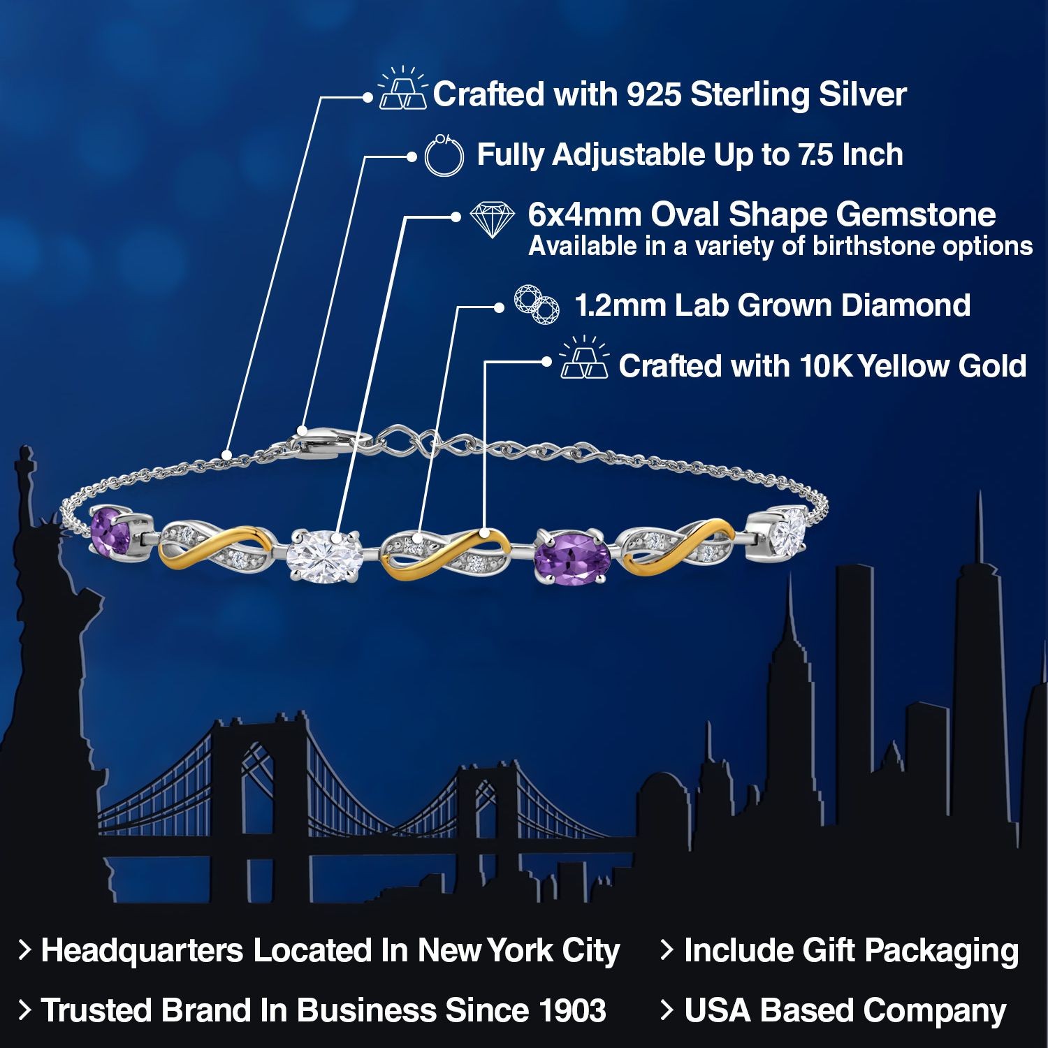 925 Silver and 10K Yellow Gold Bracelet Amethyst Moissanite (1.95 Cttw)