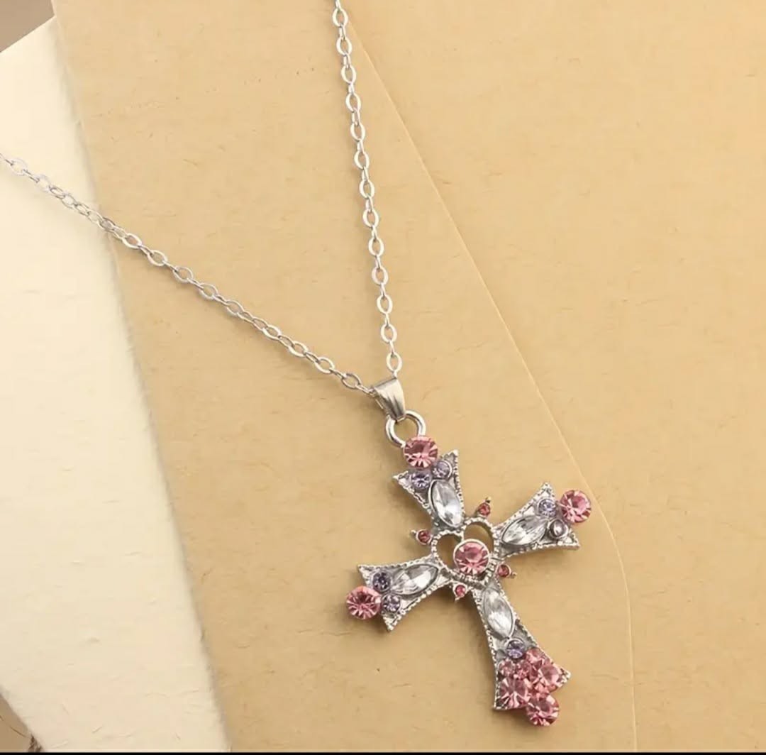 Pink Cross Pendant Necklace Silver Plated Zinc Alloy Fashion Jewelry