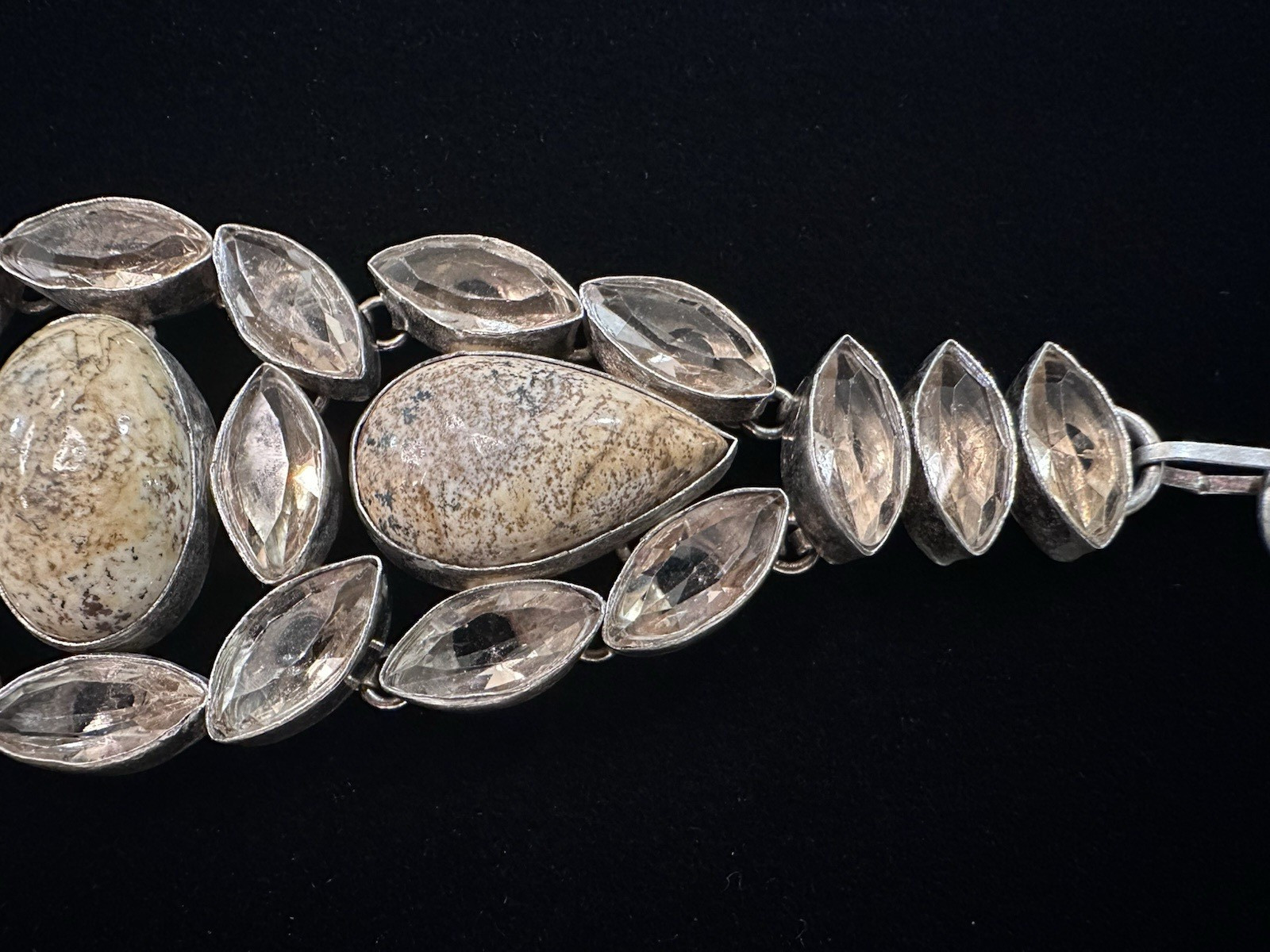 925 Sterling Silver 50g Dendritic Jasper & White Topaz Style Link Bracelet