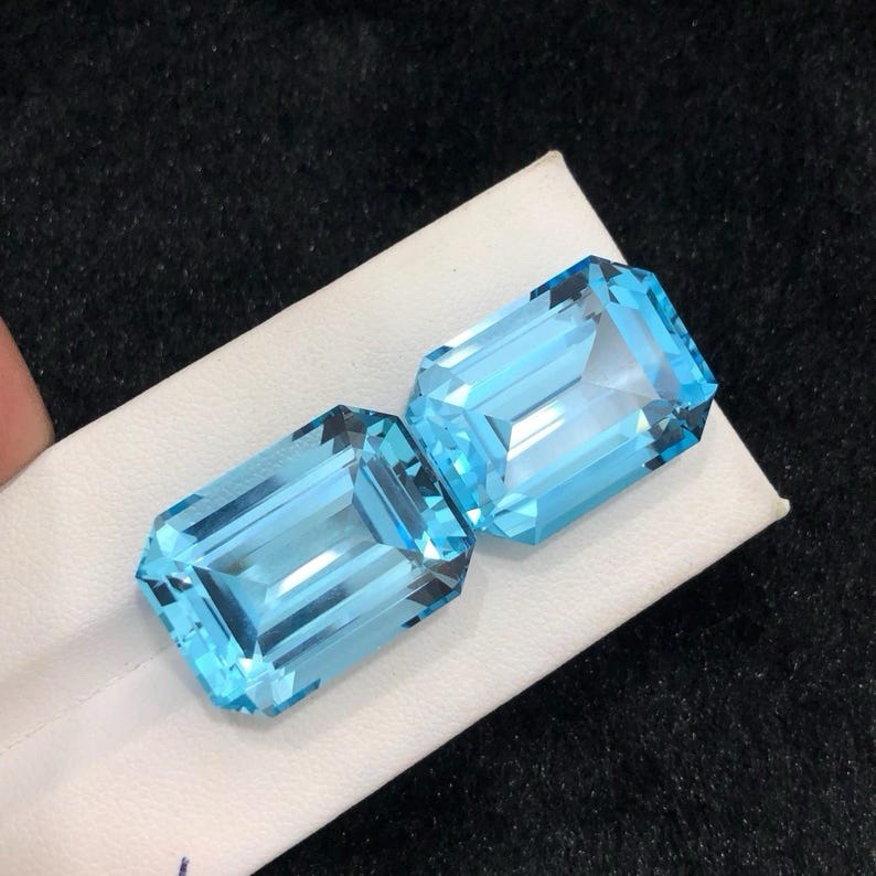 Massive Blue Topaz Gemstone, Emerald Cut Swiss Blue Topaz Stones Pair, 72.70 Ct