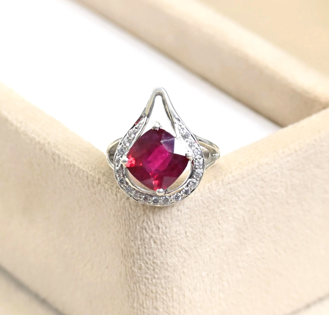 Lab Grown Ruby Cushion Cut Ring, 925 Sterling Silver, July Birthstone Engagement