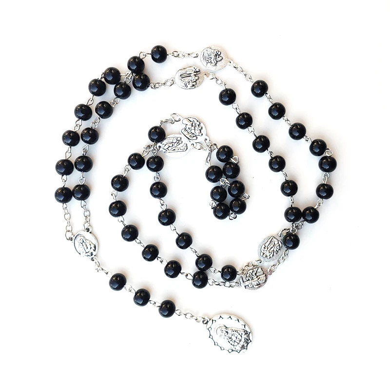 White Glass Pearl Rosary Seven Sorrows Pendant Necklace Long Beaded Catholic Pra