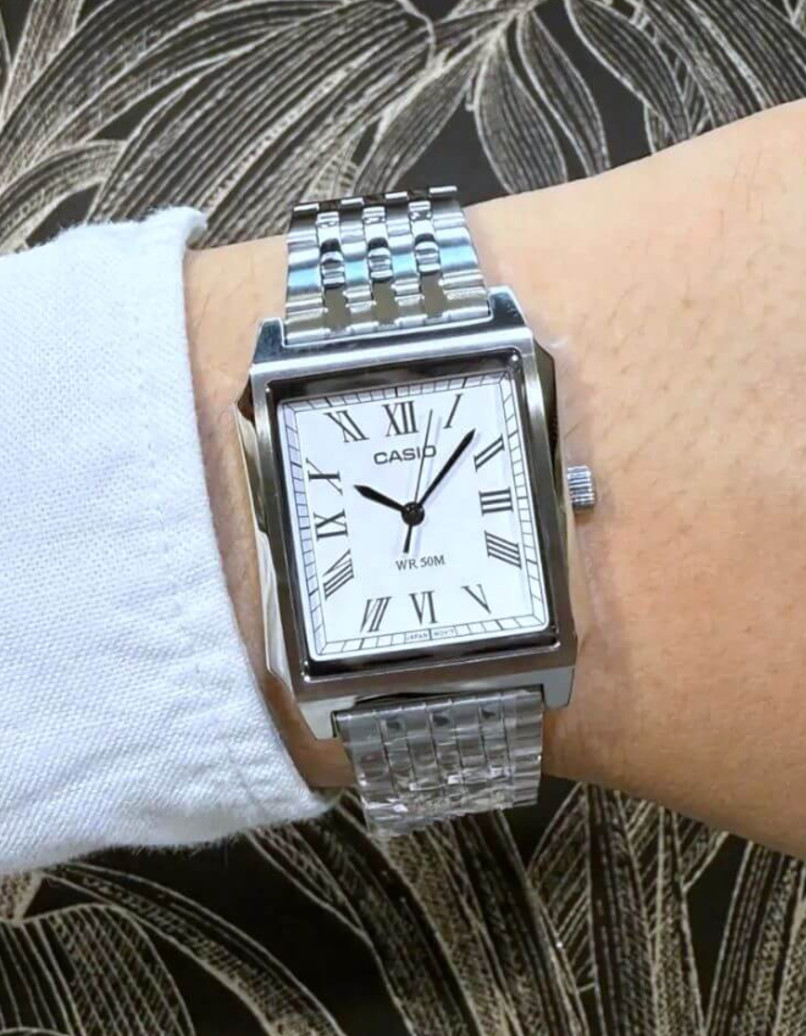 Casio MTP-B190D-7B Tank Watch Roman Numeral Dress Watch Silver 50M New