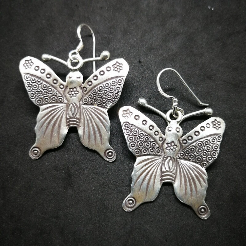 Fine 925 Silver Earrings Savage Asian Tribal Butterfly Moth Type3 33×42 mm