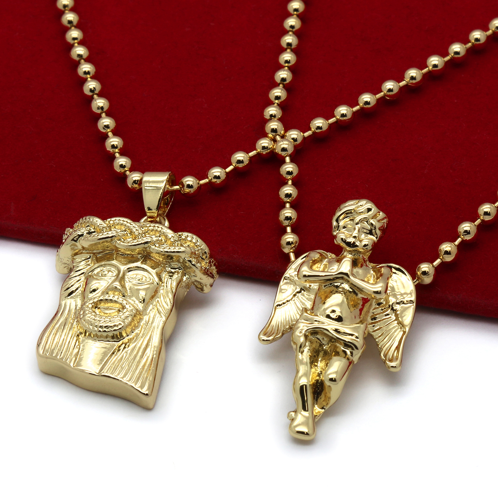 Mens Gold Plated Jesus Angel Piece Combo Set Plain Pendant Chain Necklace