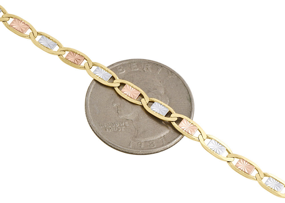 Real 10K Tri-Tone Gold Solid Valentino Link Chain 4mm Necklace 16 – 30 Inches