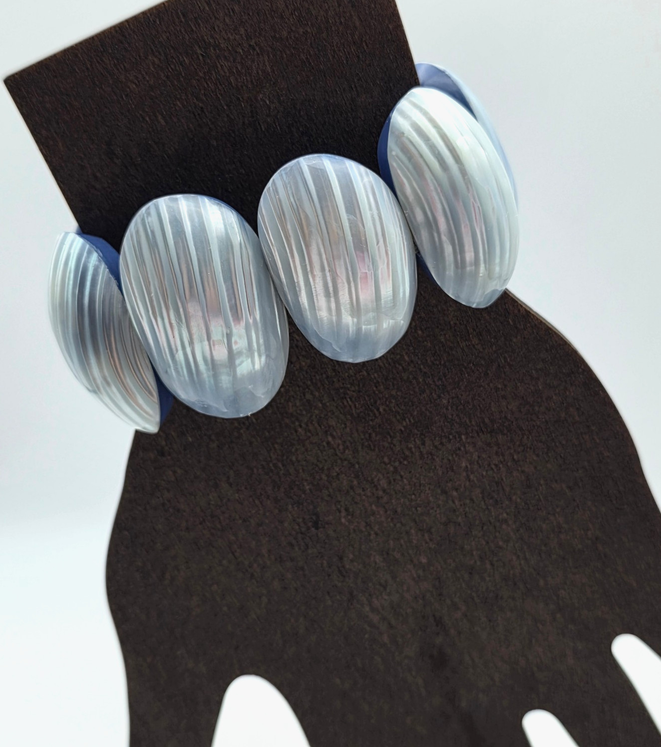 Blue Faux Shell Oval Link Stretch Bracelet 6 in 1.5 in Wide Statement