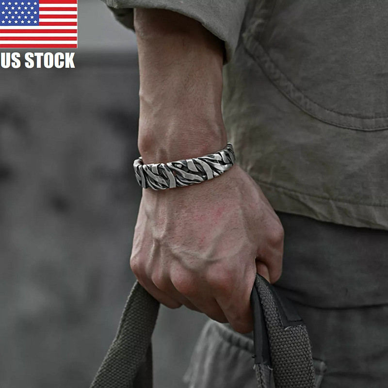 Men Bracelet Sterling Silver Retro Twisted Open Wide Bangle Cuff Bracelet USA