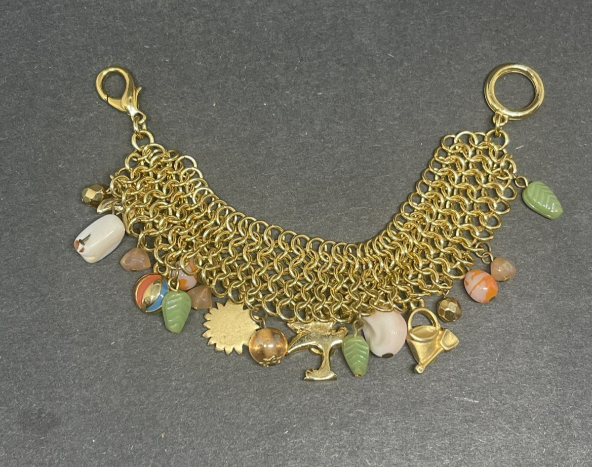 Vintage Gold Tone Beach Charm Mesh Chain Charm Bracelet Large Lobster Clasp 7″