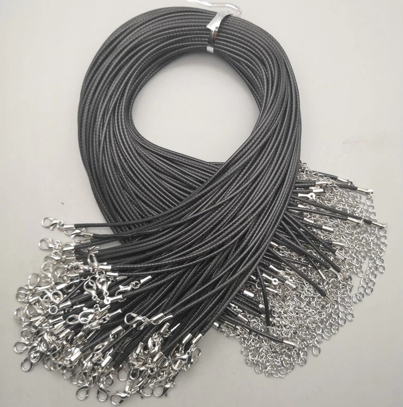 2mm Black Wax Leather Cord Rope Necklace 45+5cm Chain Lobster Clasp 100pcs