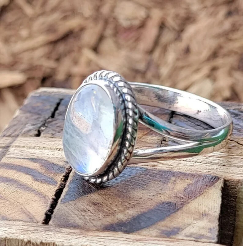 Rainbow Moonstone Ring-Blue Fire Moonstone Ring-Handmade Silver Ring, All size