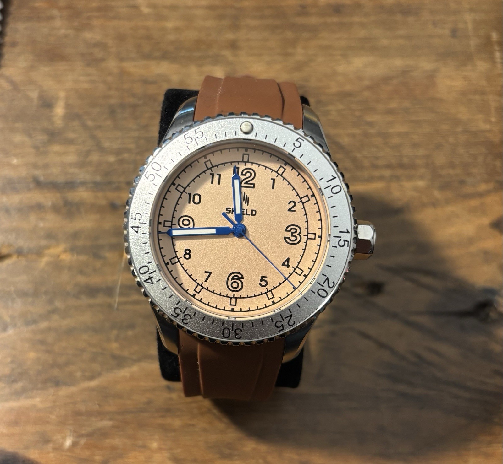 SHIELD Analog Japan Movement 200m Beige Dial Brown Silicone Strap w/Box
