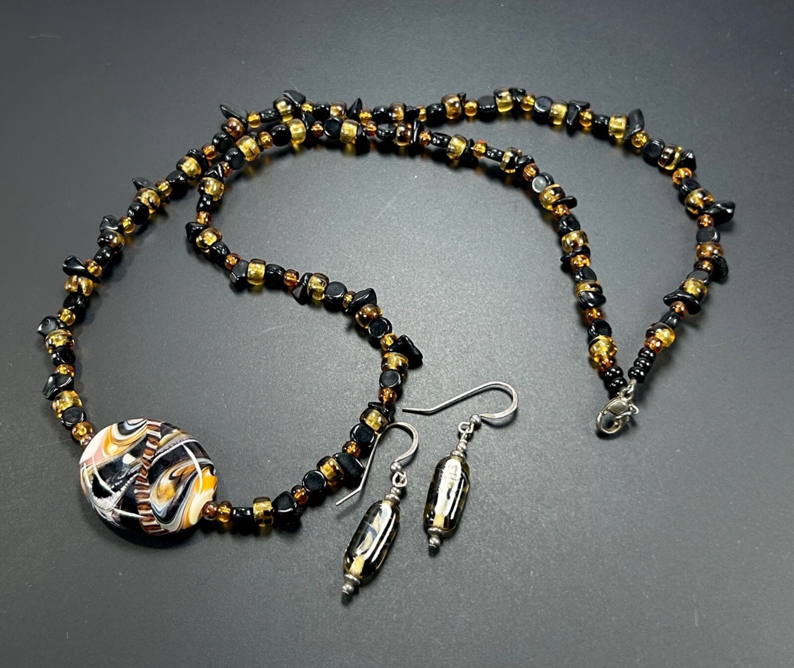 925 Glass Beaded Necklace Earrings Set Swirled Orange Amber Brown Black White