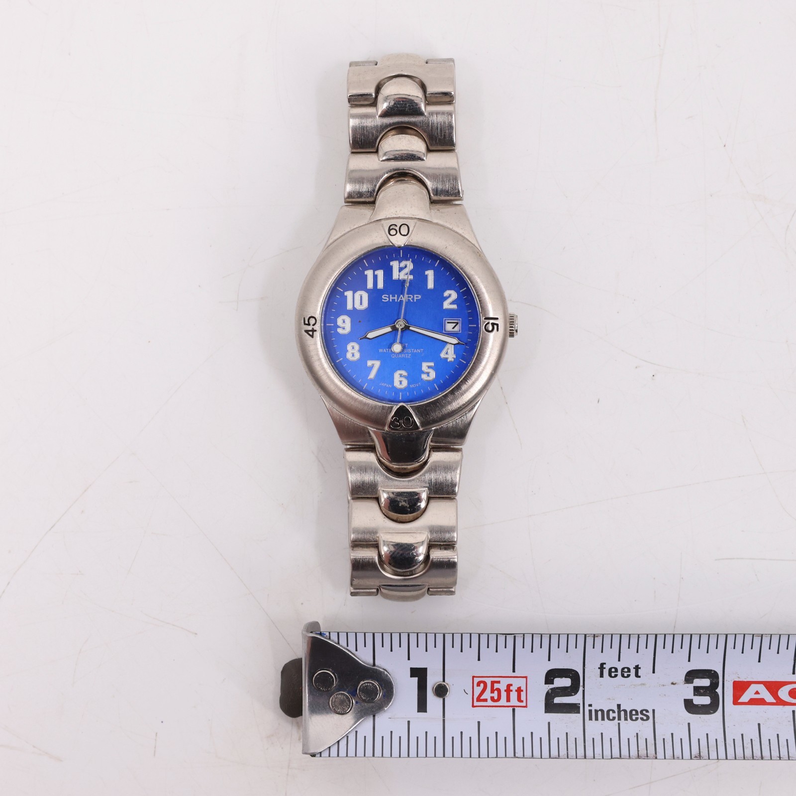 Sharp Blue Dial Quartz Watch 100FT Water Resist Silver Tone Band Battery 377
