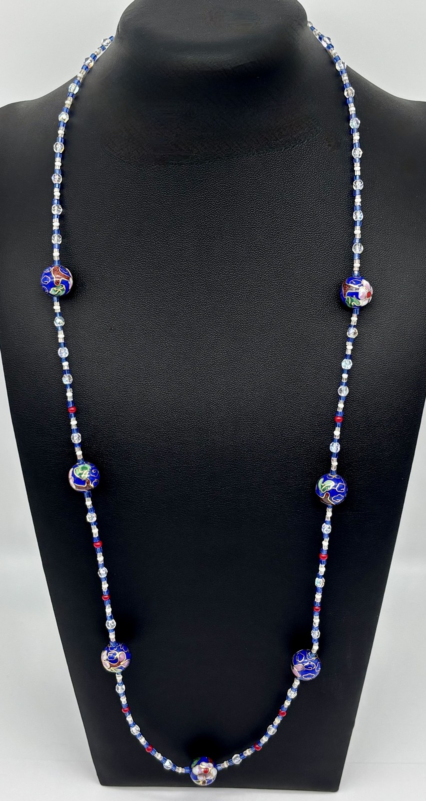 Vintage Cloisonne Beaded Long Necklace Blue Green Red Gold Unbranded 30 Inches L