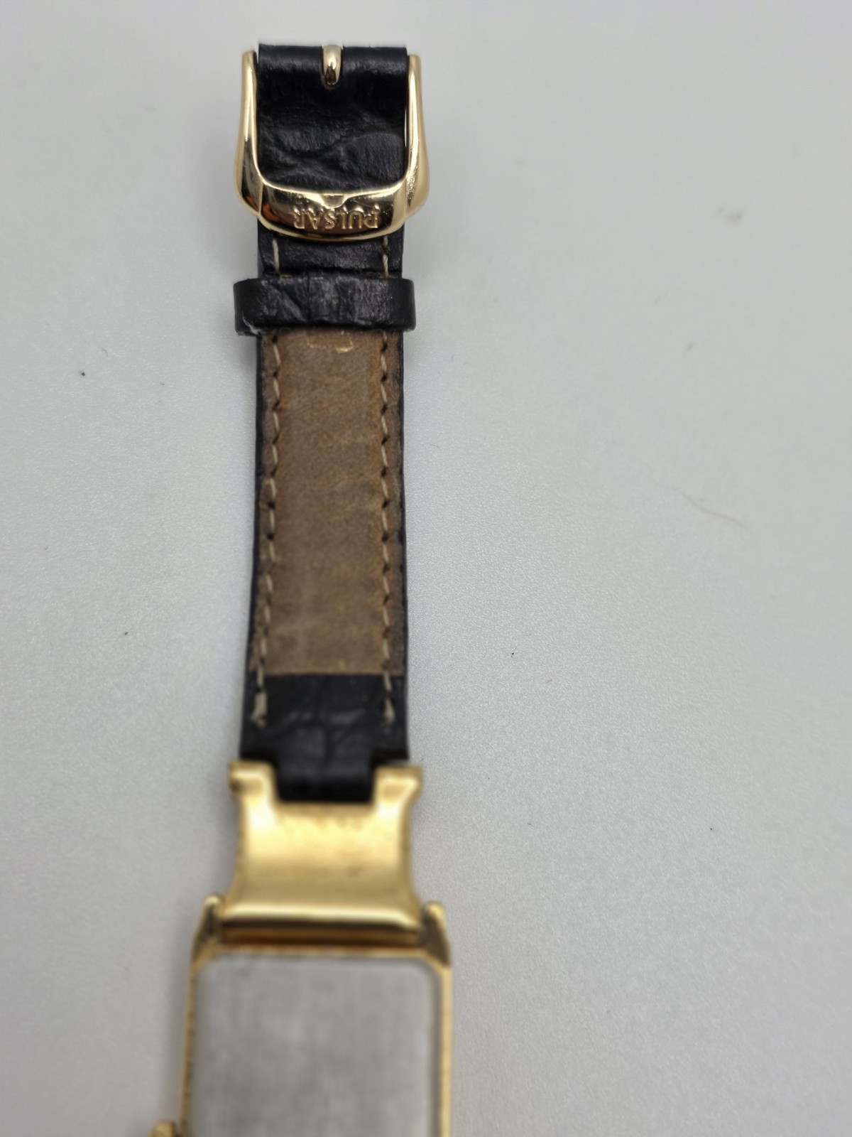 Pulsar Disney Mickey Mouse Gold Tone Rectangle Quartz Watch Black Leather Strap