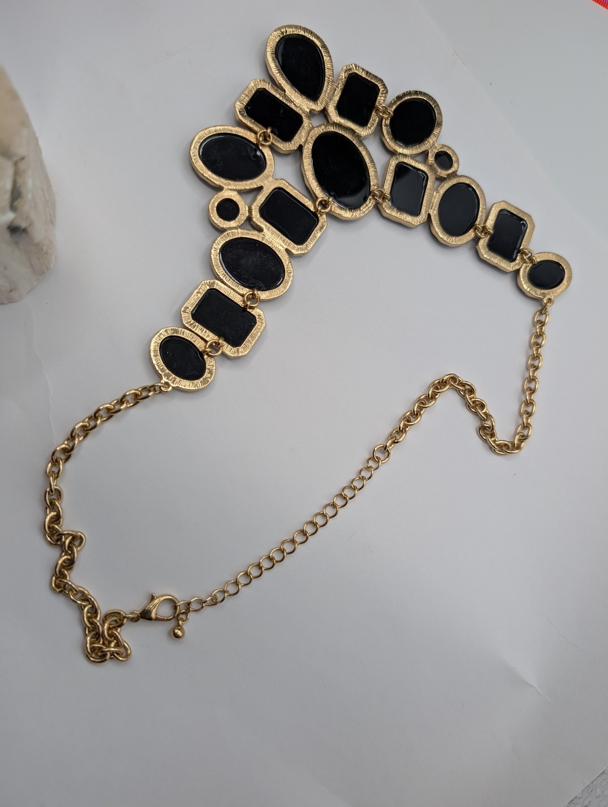 Gold Tone Statement Necklace Black Faceted Resin Gemstone Bib Collar Chain