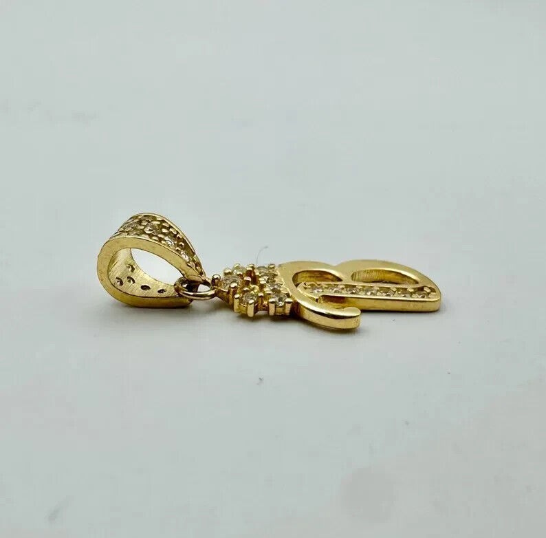 925 Sterling Silver Simulated Diamond “B” Vintage Pendant 14k Yellow Gold Plated