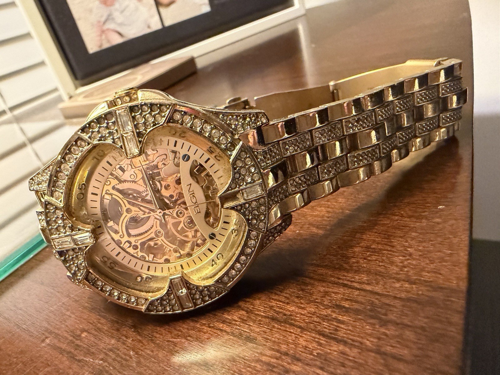 Elgin men’s Dress Mechanical Automatic Skeleton Dial Gold Bracelet Watch