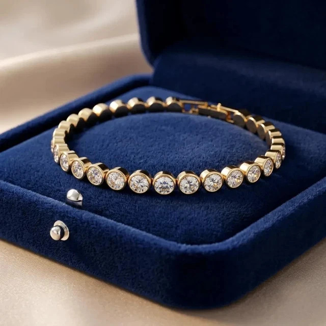 Bezel Set 14K Yellow Gold Round Cut Round Cut Natural Diamond Tennis Bracelet