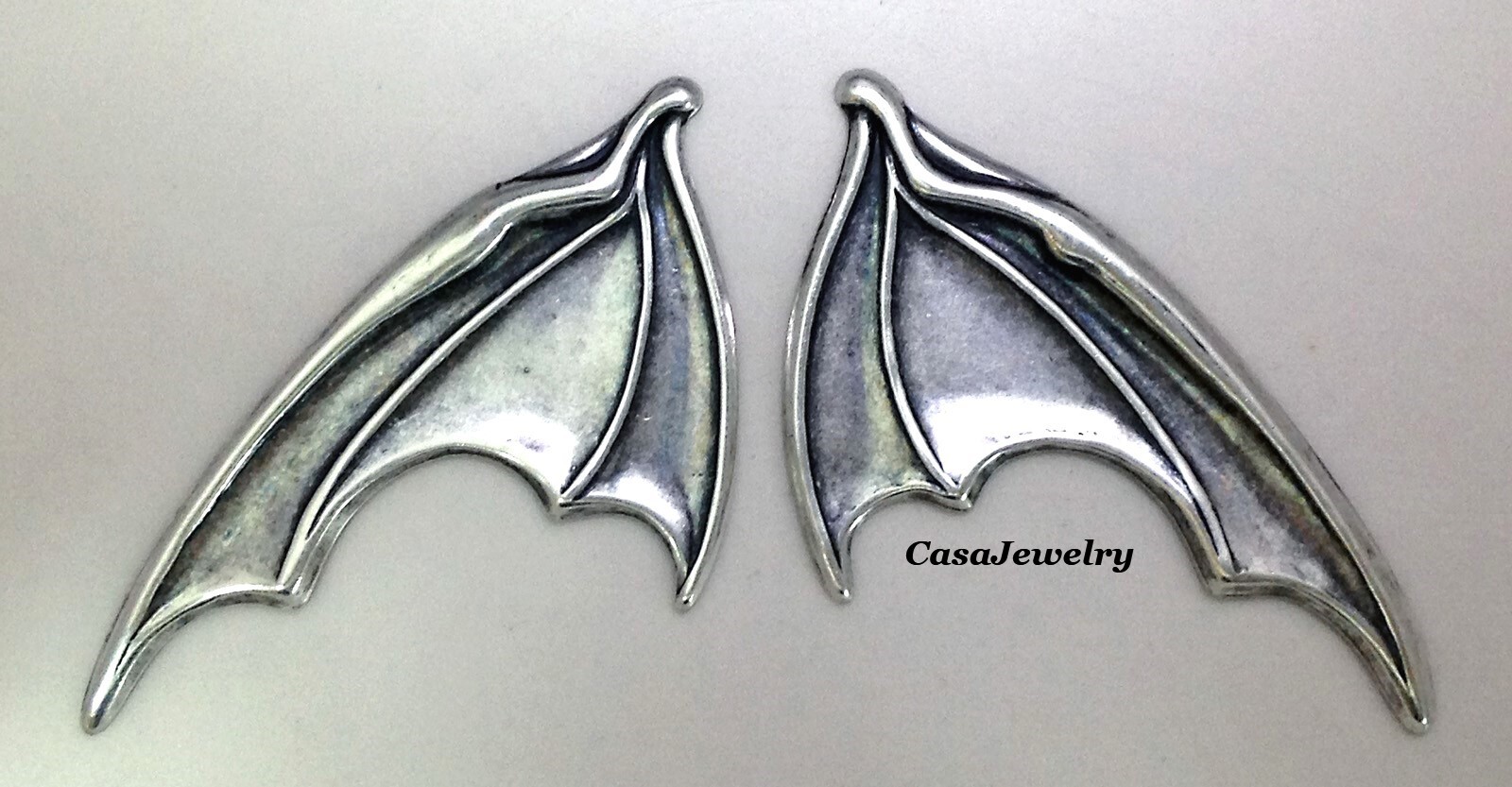 #3440 ANTIQUED STERLING SILVER PLATED LEFT & RIGHT BAT WINGS – 2 Pc Lot (1 Pair)