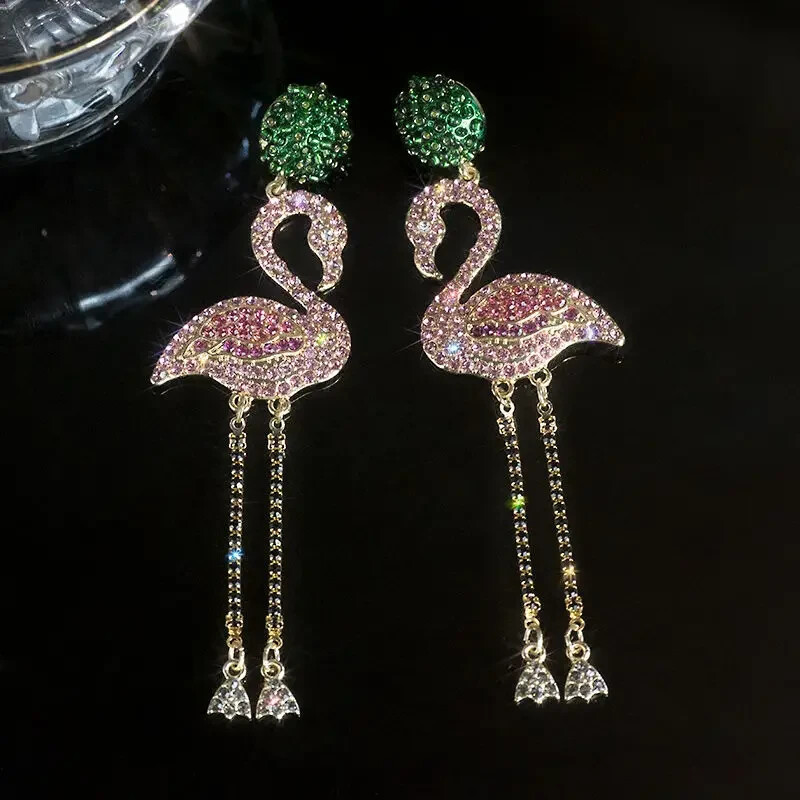Flamingo Shape Drop Earrings Tropical Bird Earrings Statement Pink Crystal Faux