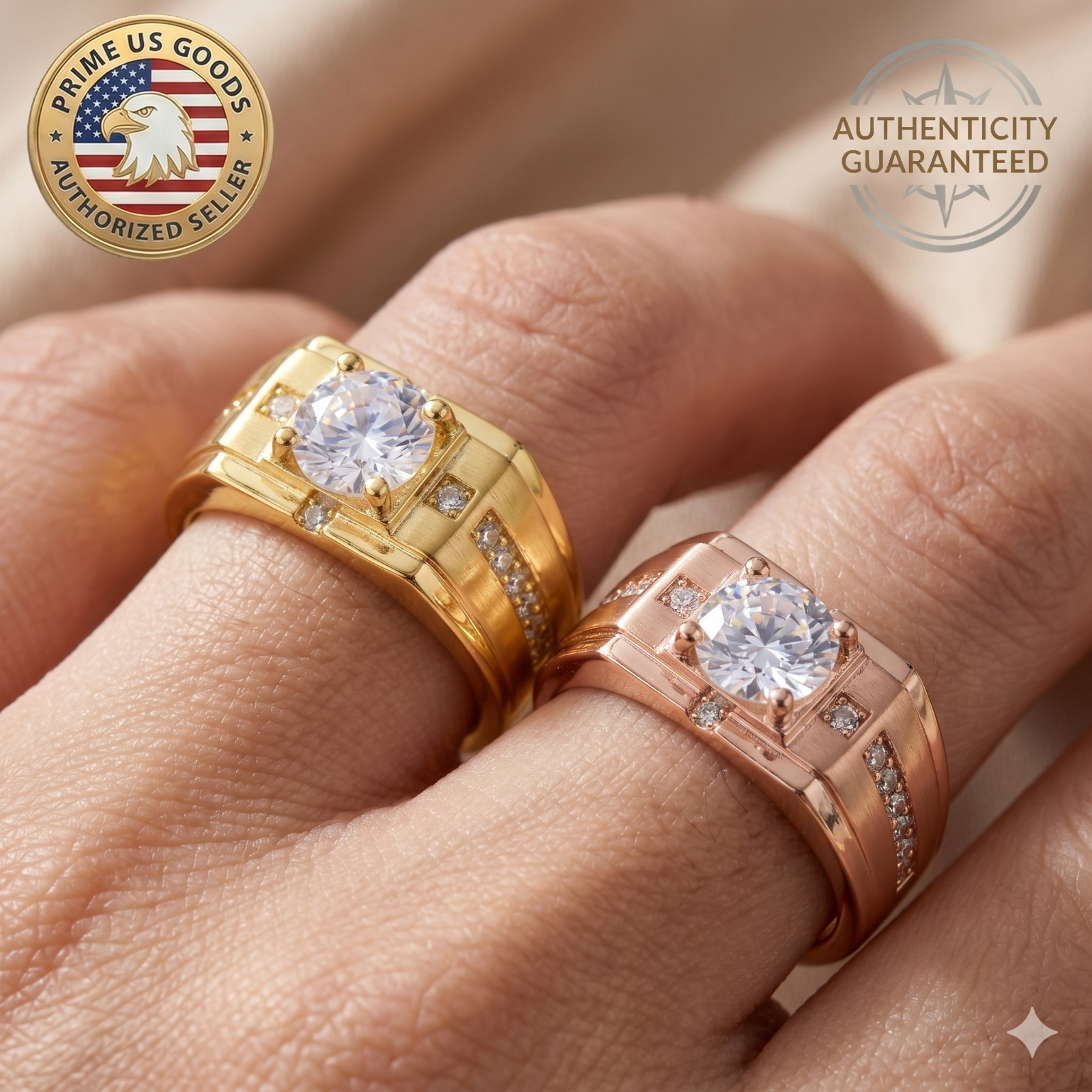 [US STOCK] Mens 18K Gold Plated Stainless Steel Ring Round CZ Square Frame Band