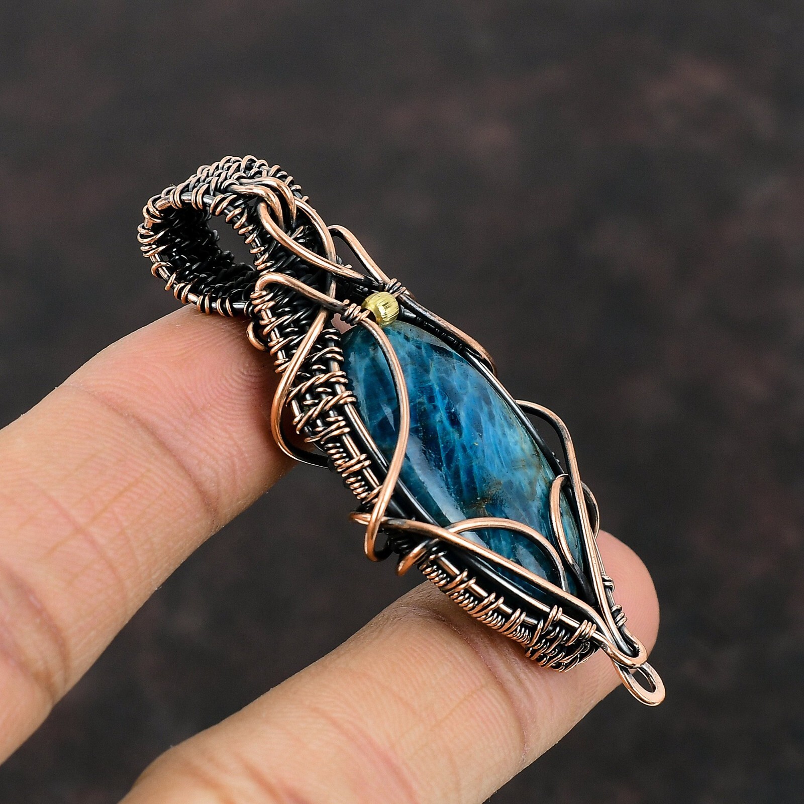 Neon Apatite Wire Wrapped Pendant Handcrafted Copper Unique Jewelry 2.56″