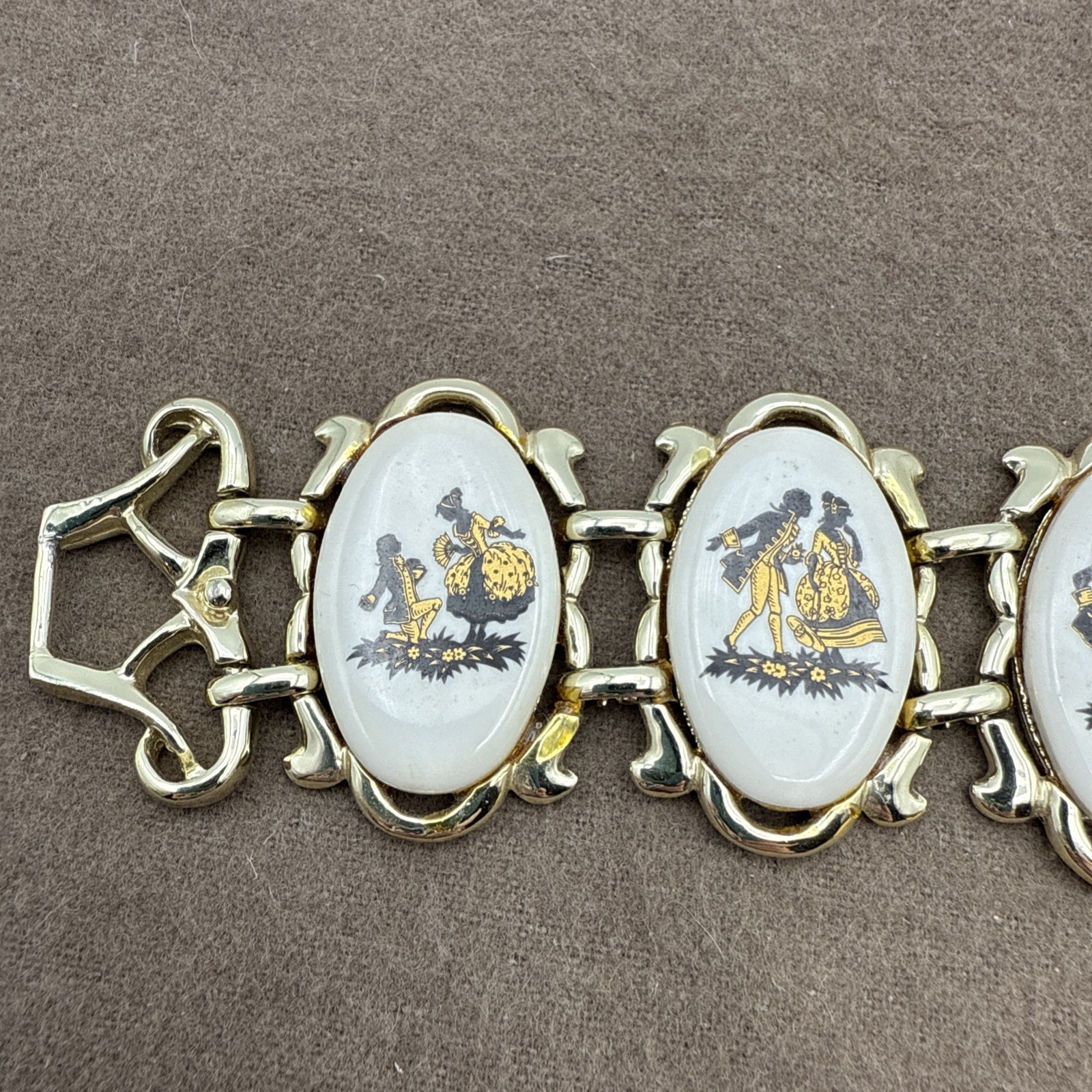 Vintage Countess Porcelain Courting Couple Bracelet Black Gold on White