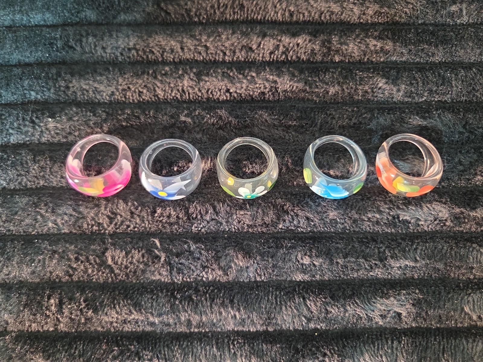 5 Plastic Resin Rings Multicolor Flower Ring Clear Band Handmade Painted Size 9