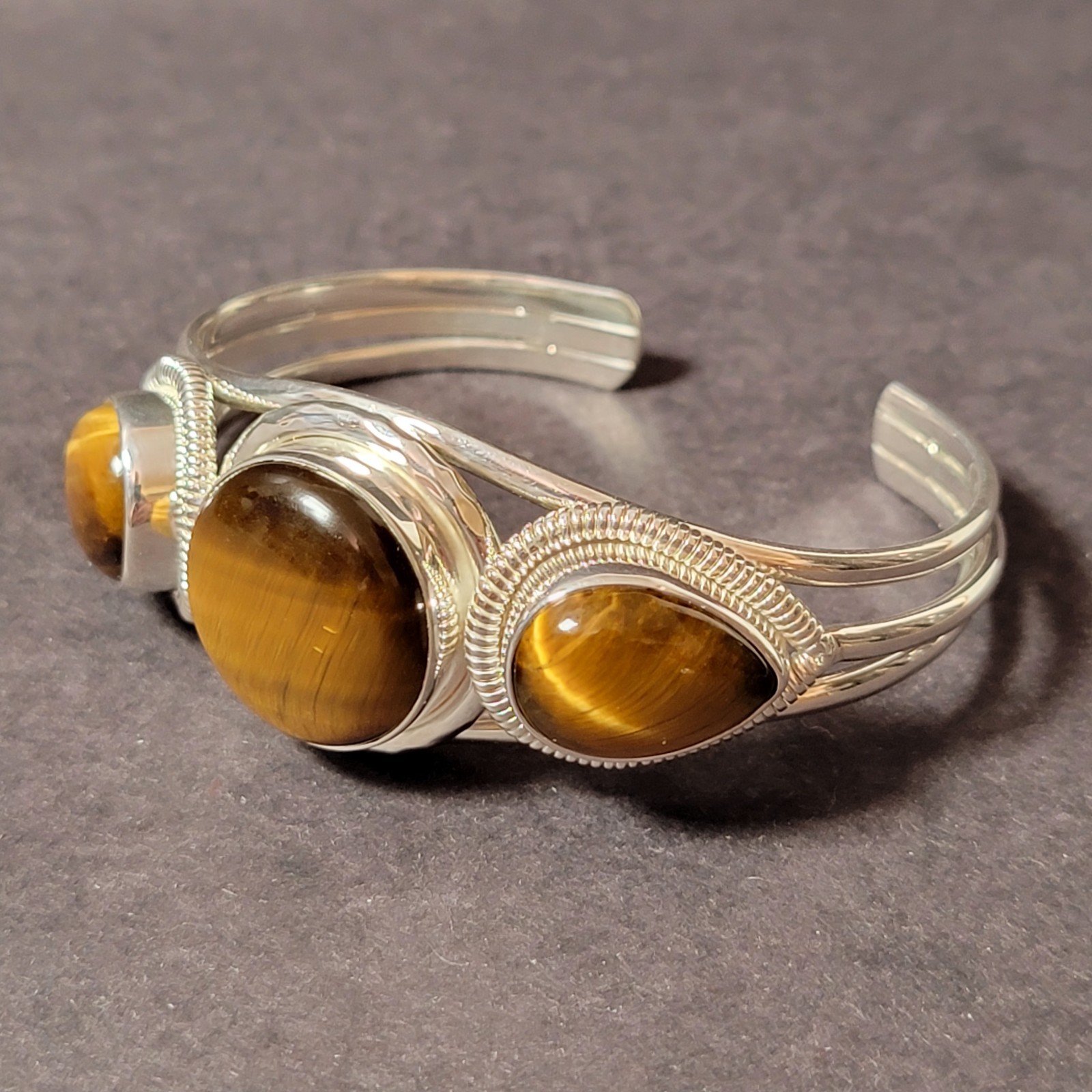 925 Silver Bracelet with 3 Tigers Eye Stones marked India 925 Nice Excellent Con