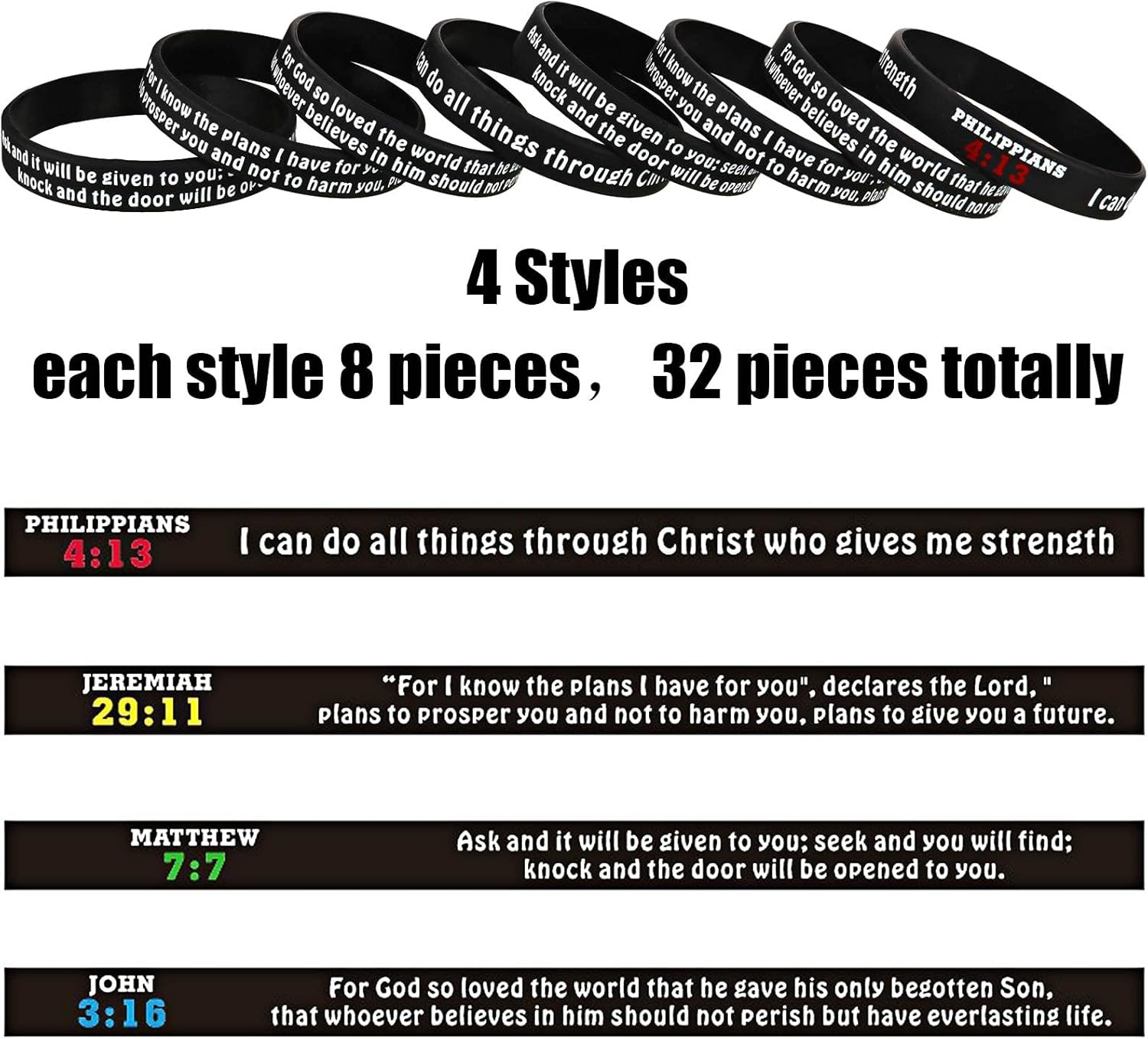Inspirational Bible Verses Religious Christian Silicone Rubber Bracelets, 48 Pcs