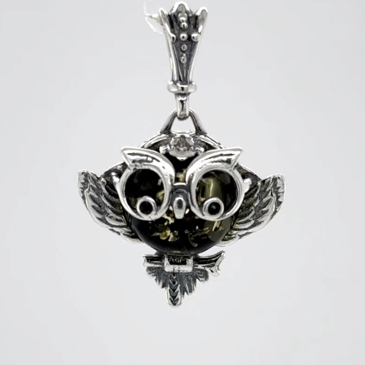 Green BALTIC AMBER Smart Owl Pendant 925 STERLING SILVER Poland #3512e