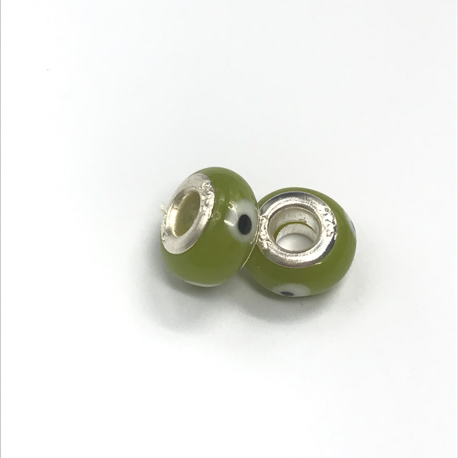 925 Sterling Silver Olive Green Black White European Murano Glass Bead Set Of 2