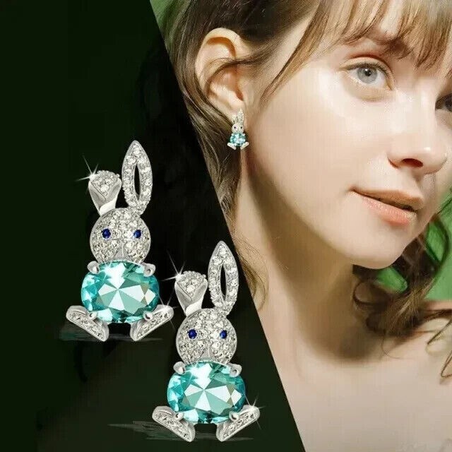 4 Ct Oval Cut Simulated Green Emerald Bunny Stud Earrings 14K White Gold Plated