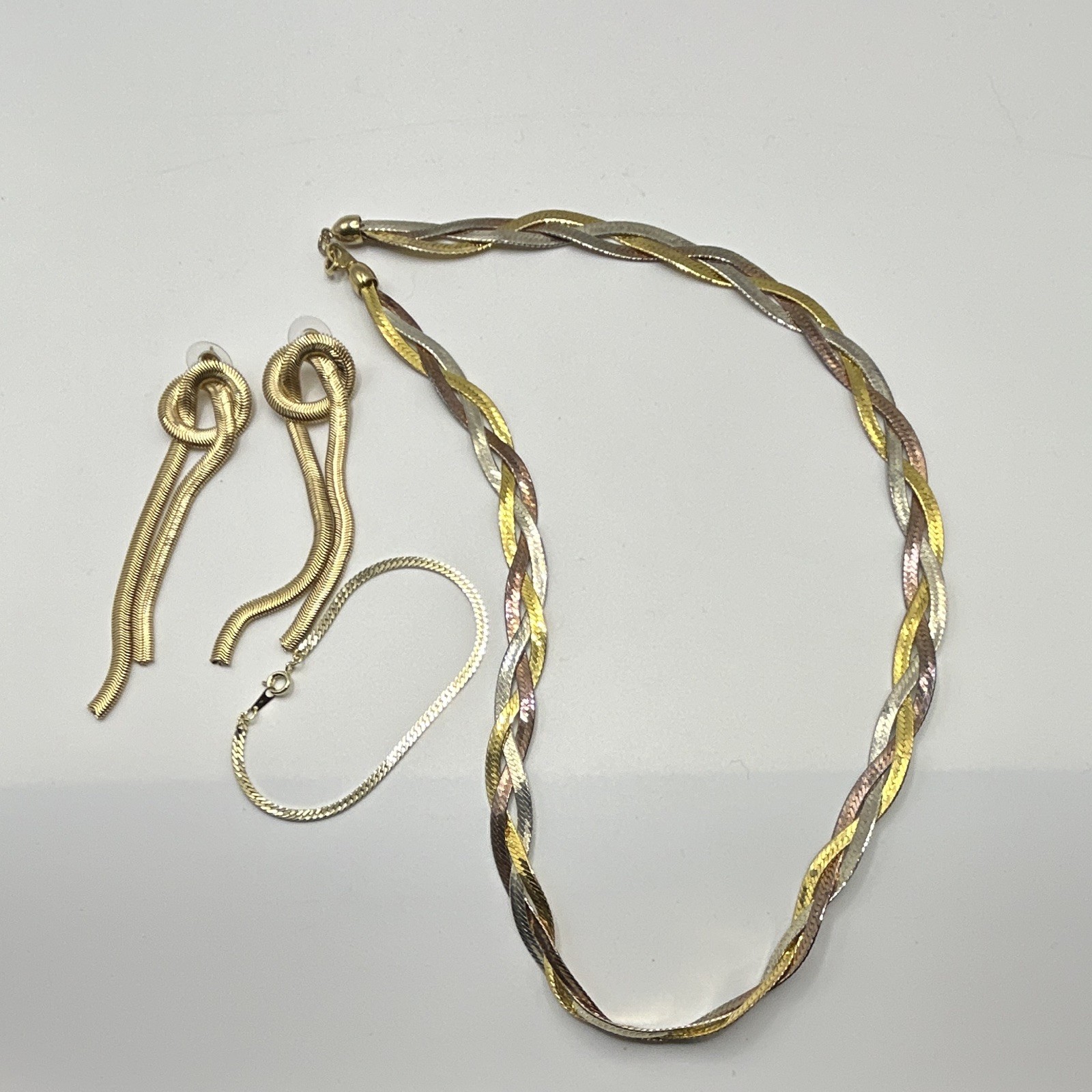 Vintage 3-Piece Jewelry Set 14K GP Tri Color Braided Herringbone Chain Lot