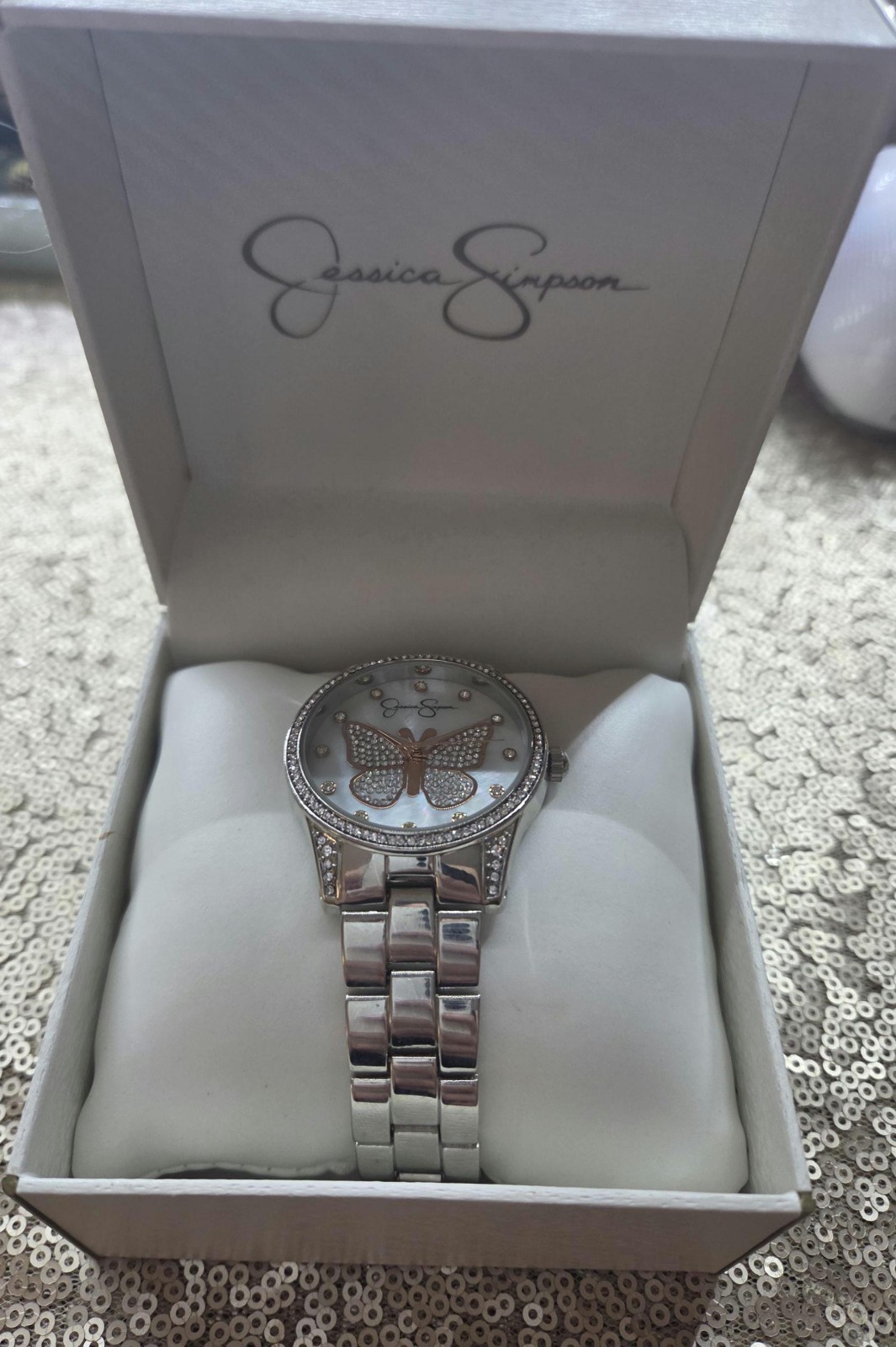 Jessica Simpson Silver-Tone Crystal Butterfly Watch with Mother of Pearl Dial