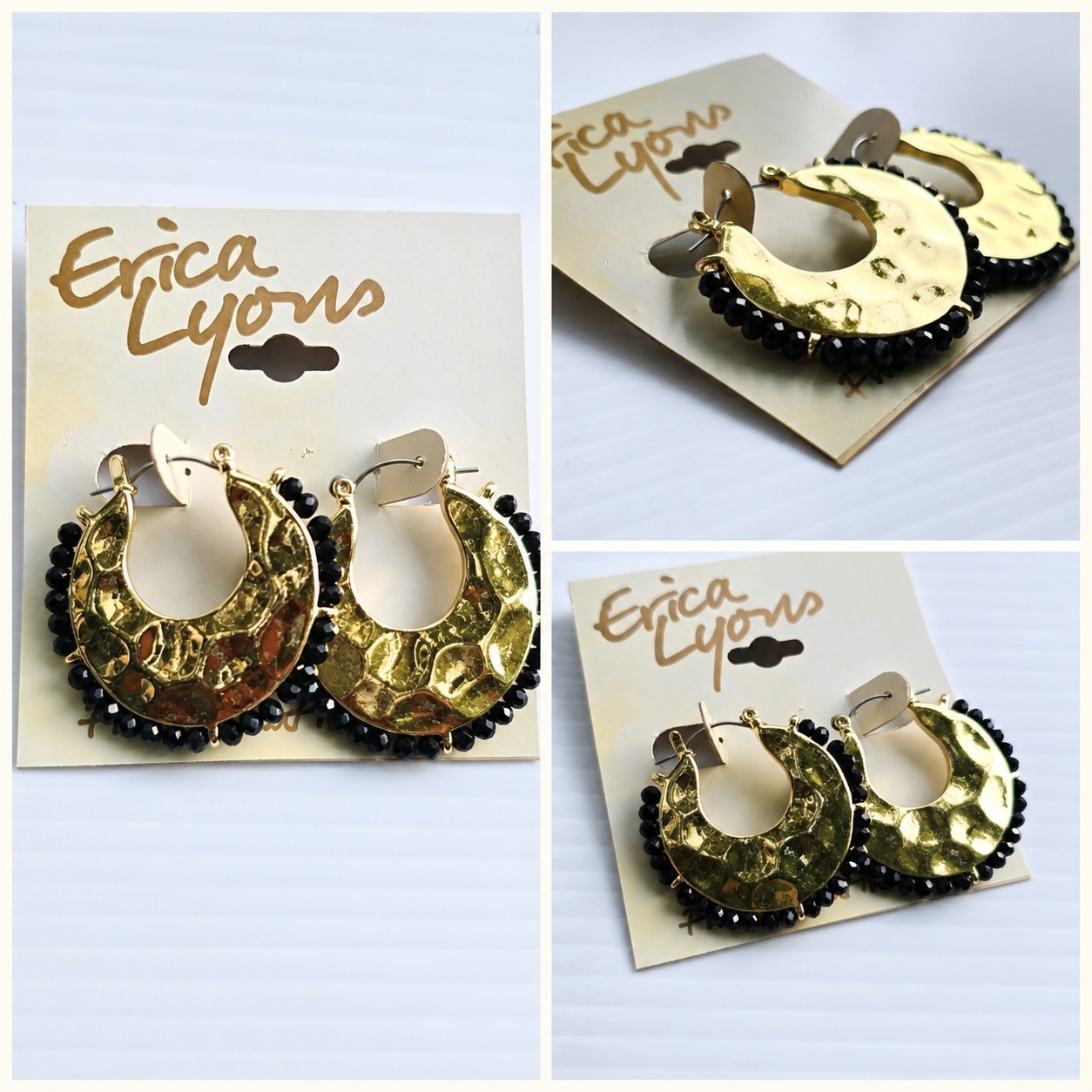 Erica Lyons Gold Tone Statement Necklace & Black Beaded Hoop Earrings Set