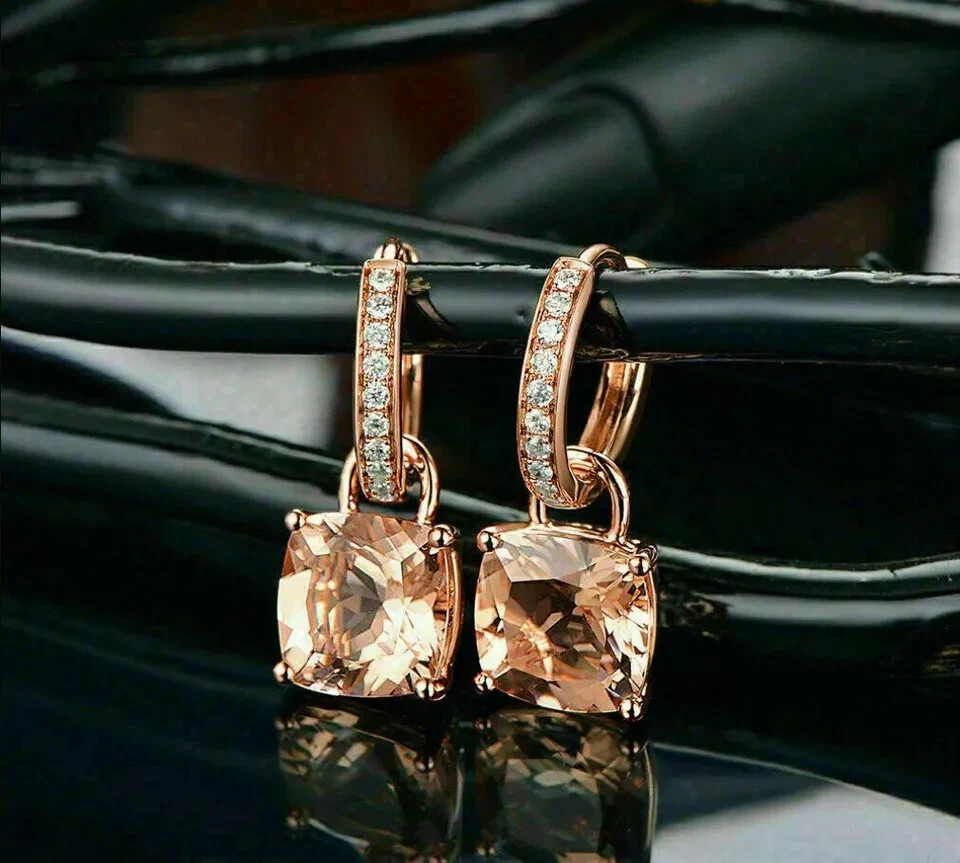 3Ct Cushion Cut Simulated Morganite Drop & Dangle Earrings 14K Rose Gold Plated