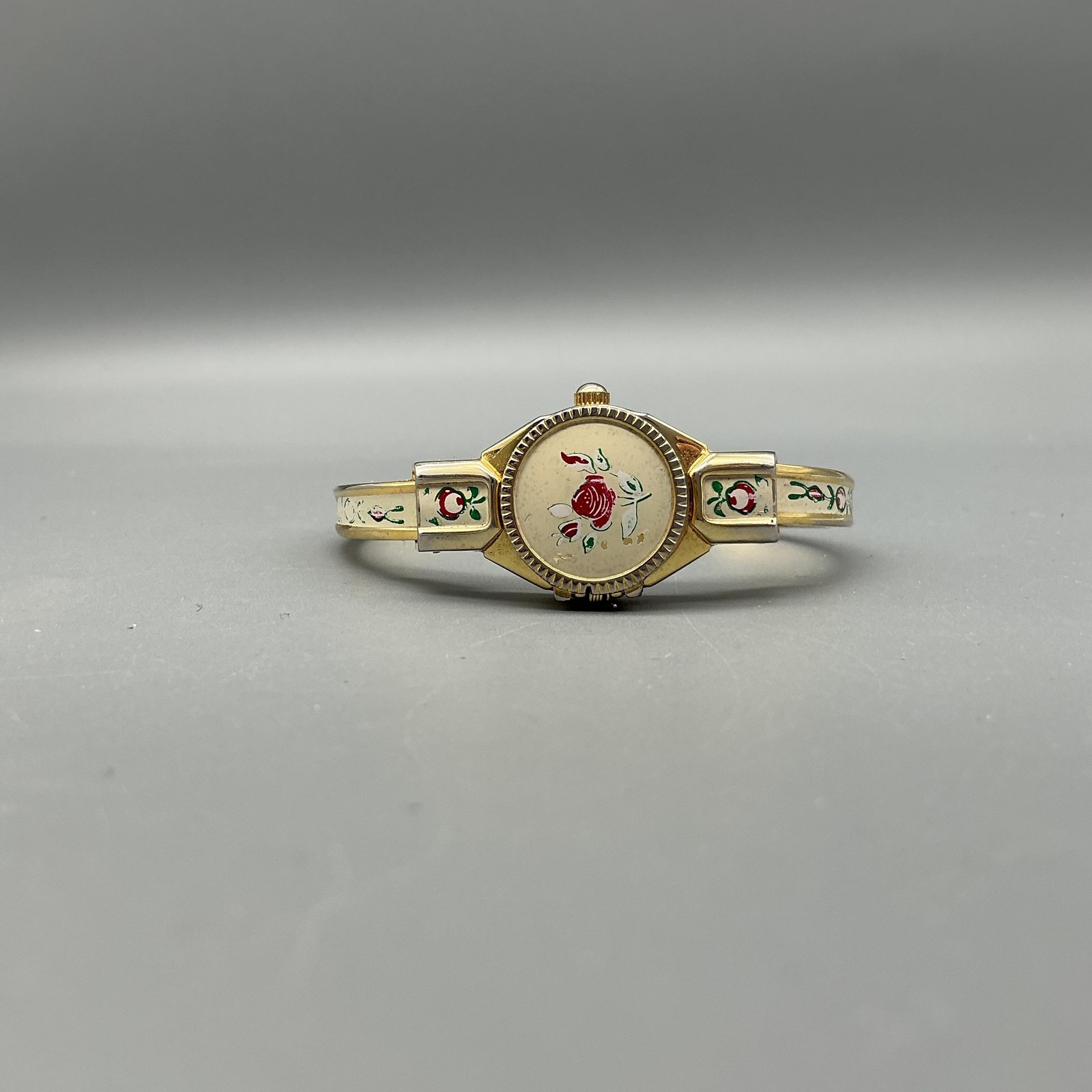 Vintage Swiss Womens Watch 14mm Gold Tone Enamel Floral Bangle New Battery