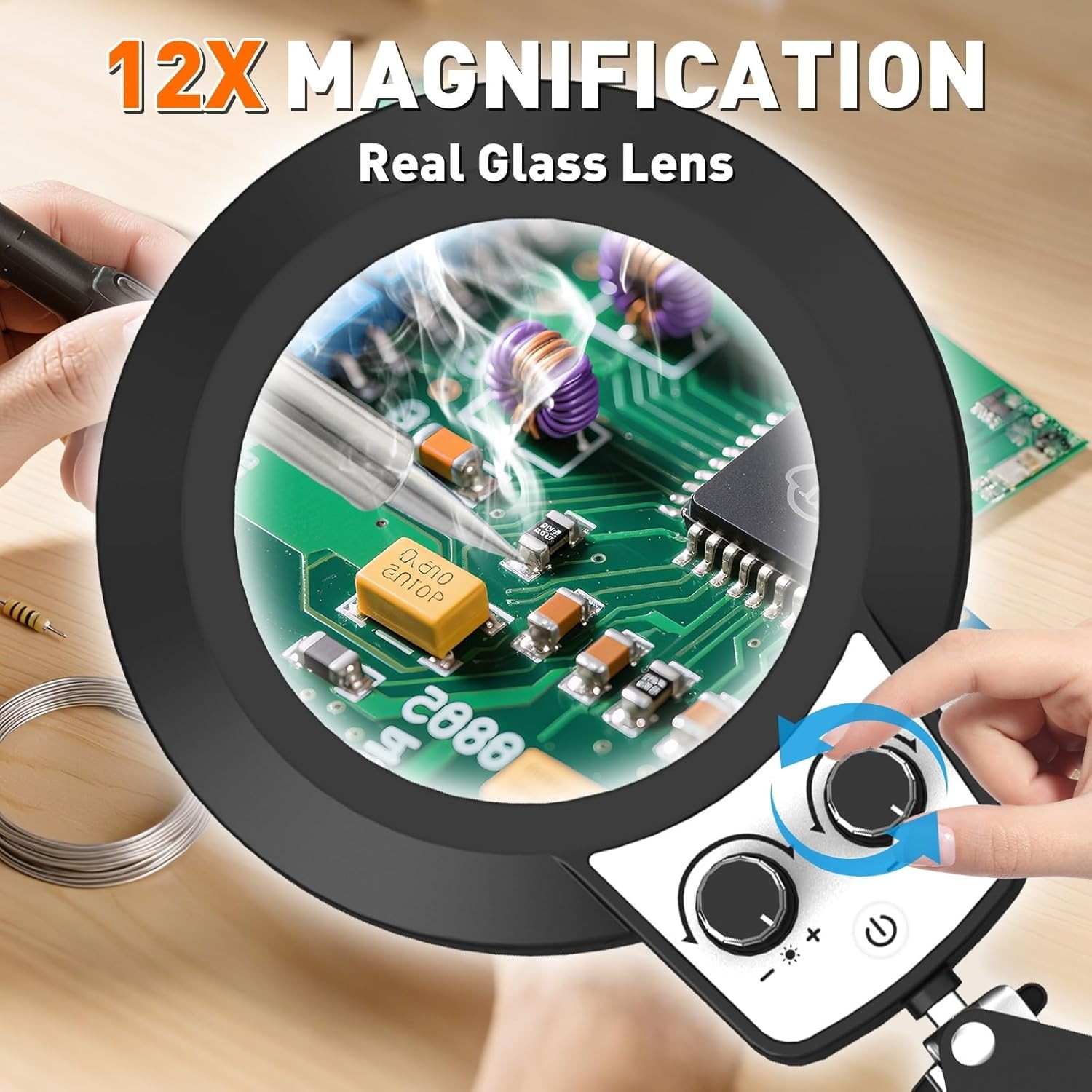 KIRKAS 12X Magnifying Glass with Light and Clamp, Extra-Long Arm Magnifying Lamp