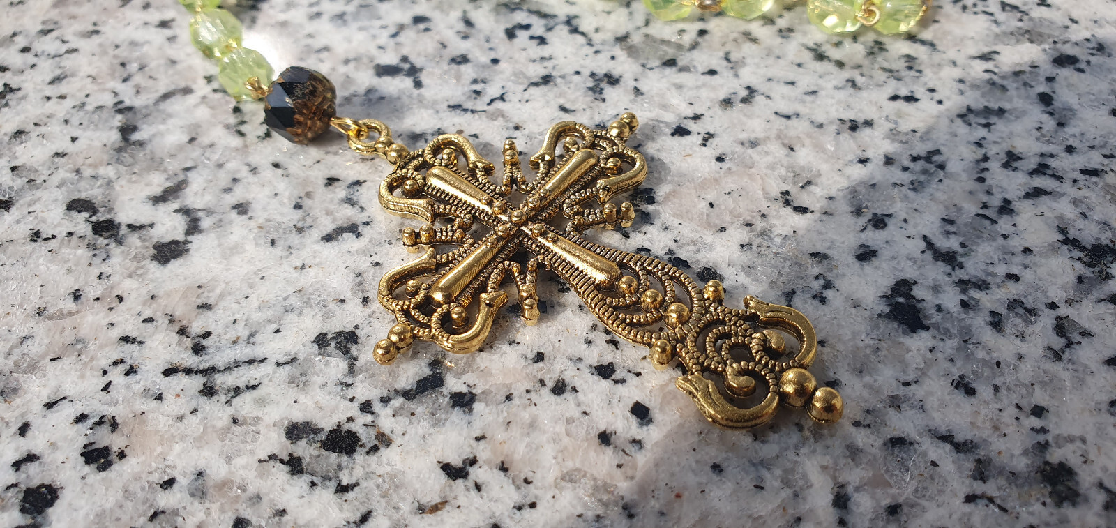 Rosary gothic cross czech uraniumglass beads vintage style jewelry #24067