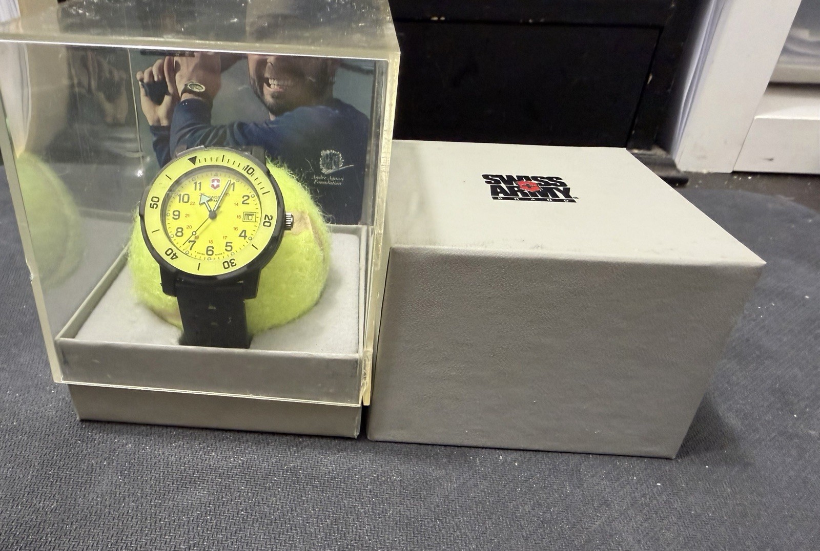 Victorinox Swiss Army Tennis Ball Display Watch NOS Yellow Dial New in Box