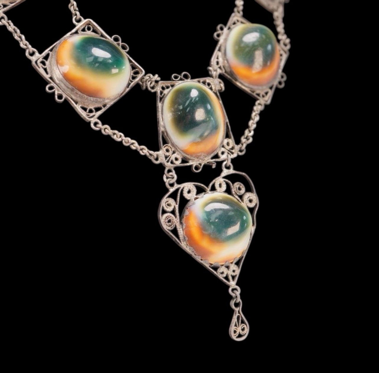 SS Vintage Filigree Necklace Bracelet Set Natural Operculum Cabochons Cats Eye