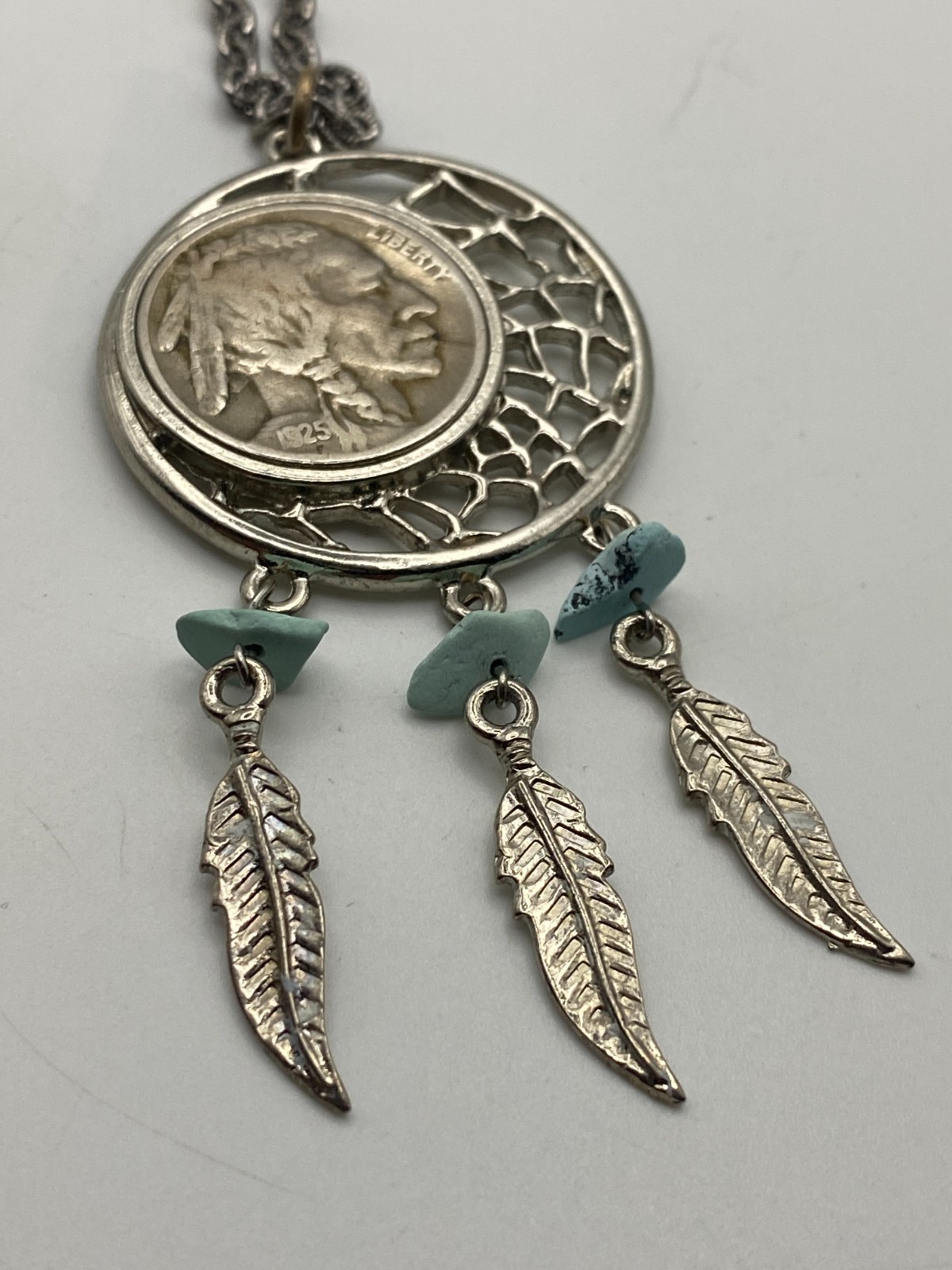 1925 Buffalo Nickel Dream Catcher Pendant 24″ Chain Silver Tone Metal Chain