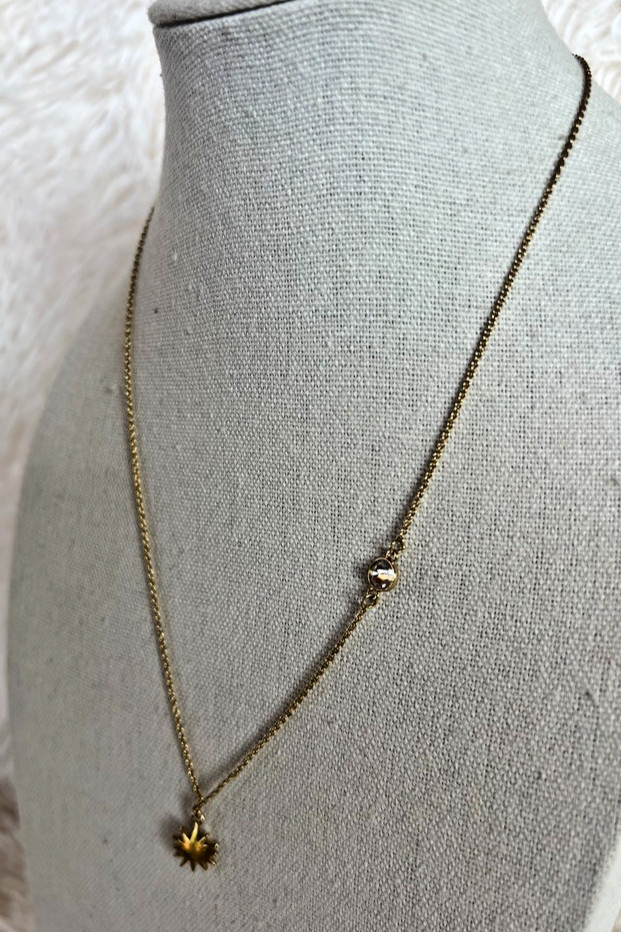 Alexa’s Angels Gold Tone Necklace Sunburst Charm Crystal Dainty Minimalist 17″