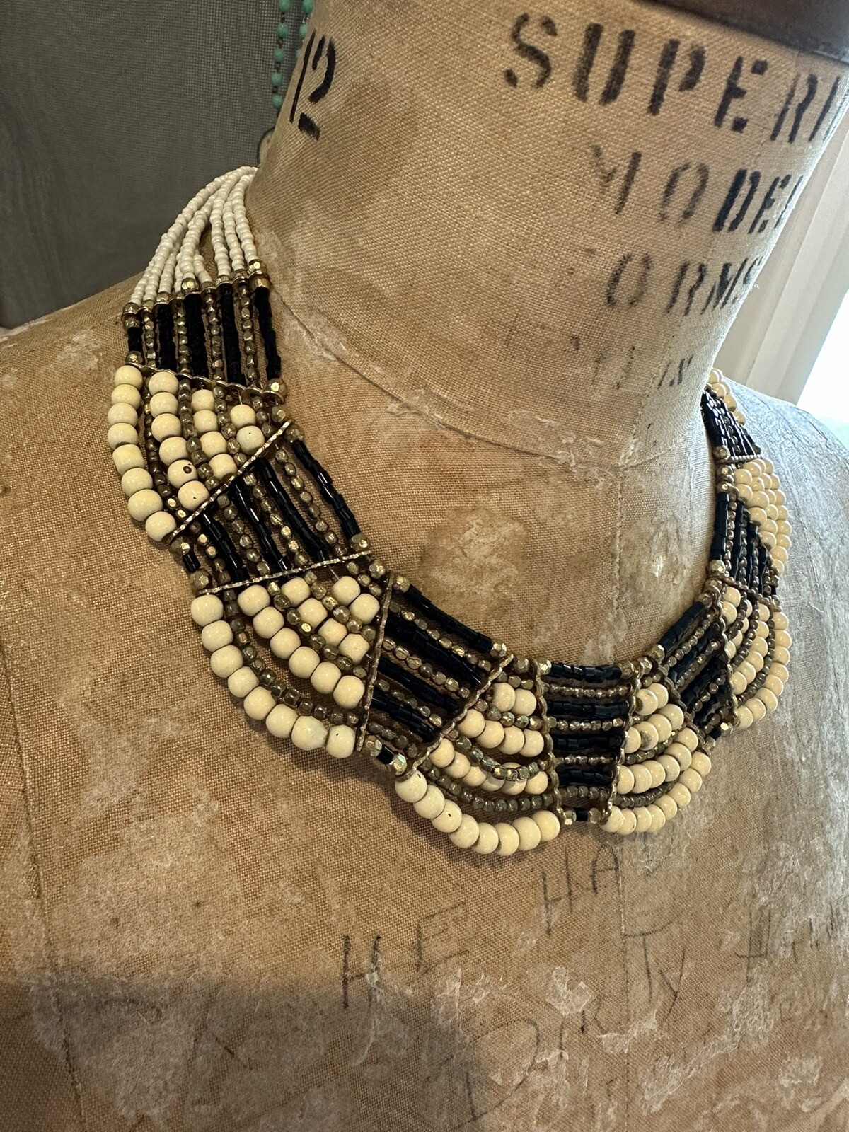Multi-Strand Beaded Choker Bib Necklace Boho Tribal Black Cream Gold Festival