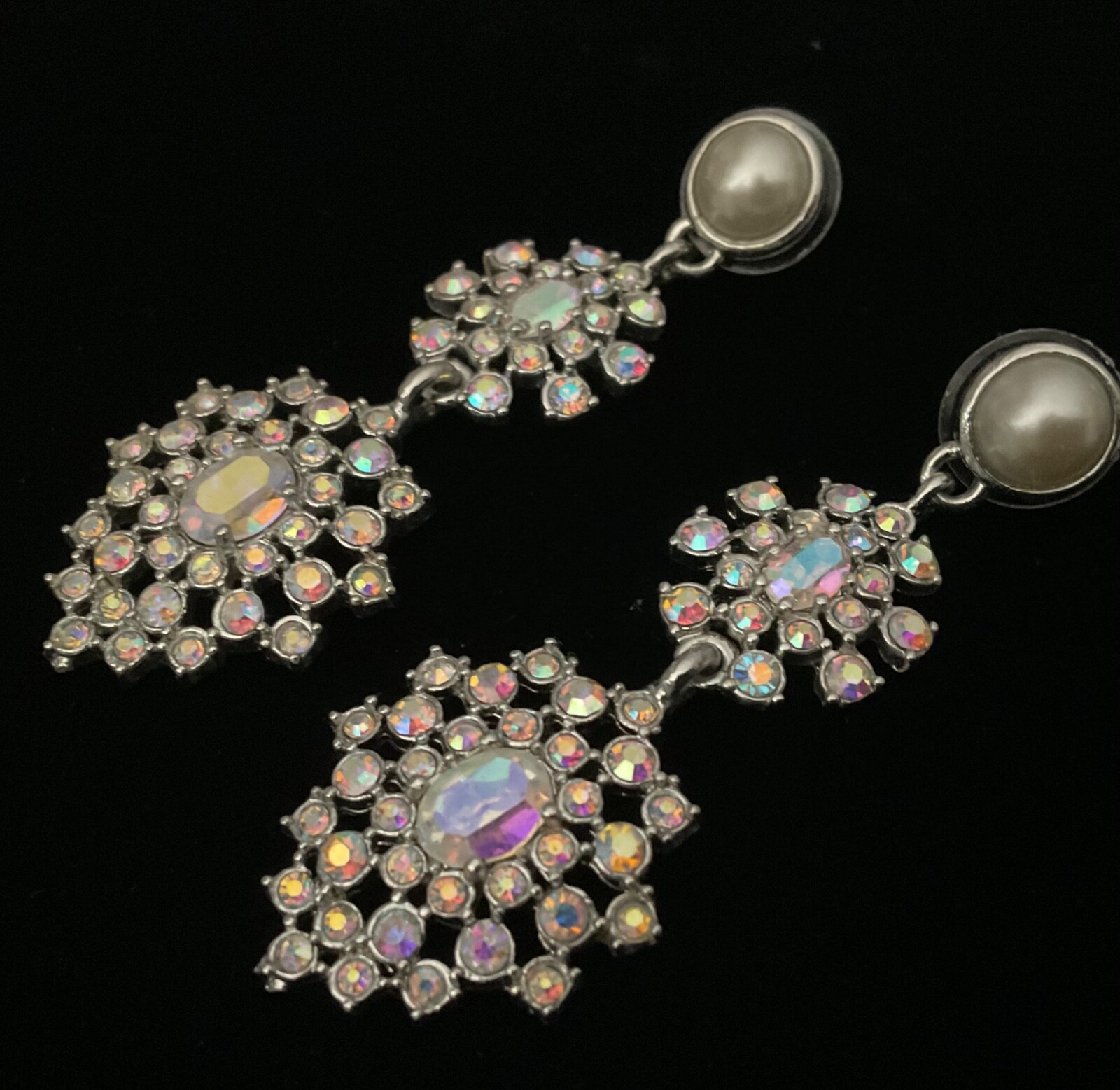 Aurora Borealis Rhinestone Drop Dangle Post Earrings Statement Snowflake Shimmer