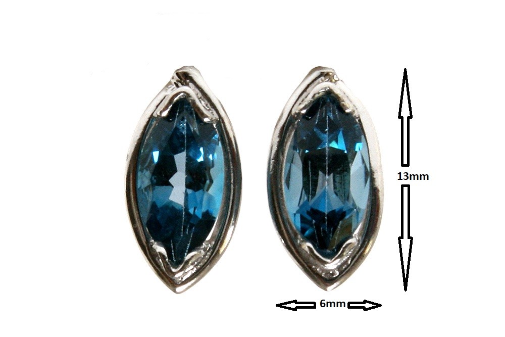 9ct White Gold London Blue Topaz Studs marquise earrings Gift Boxed Made in UK
