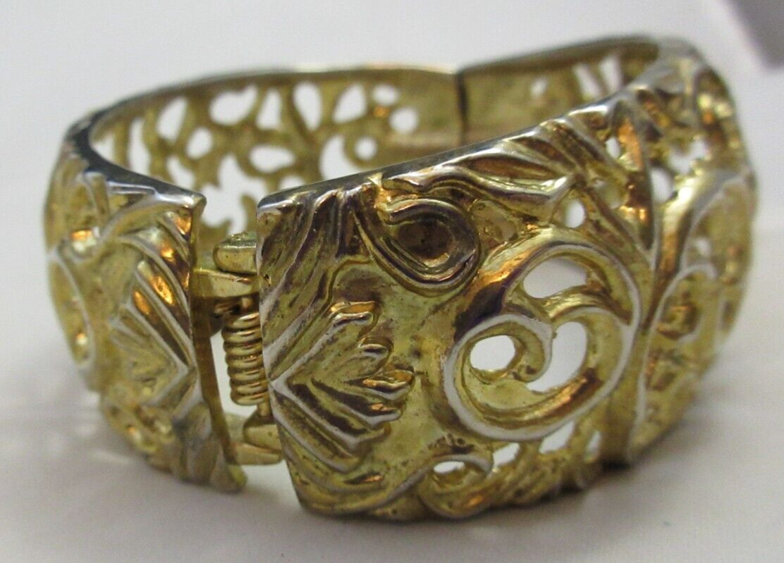 Vintage Open Work 1 1/4 Inch Wide Hinged Cuff Clamper Bracelet Gold Tone As Is